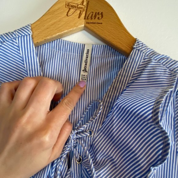 STRADIVARIUS Seersucker Summer Striped Lace Up Tank Top Nautical Blouse Size S - Picture 2 of 9